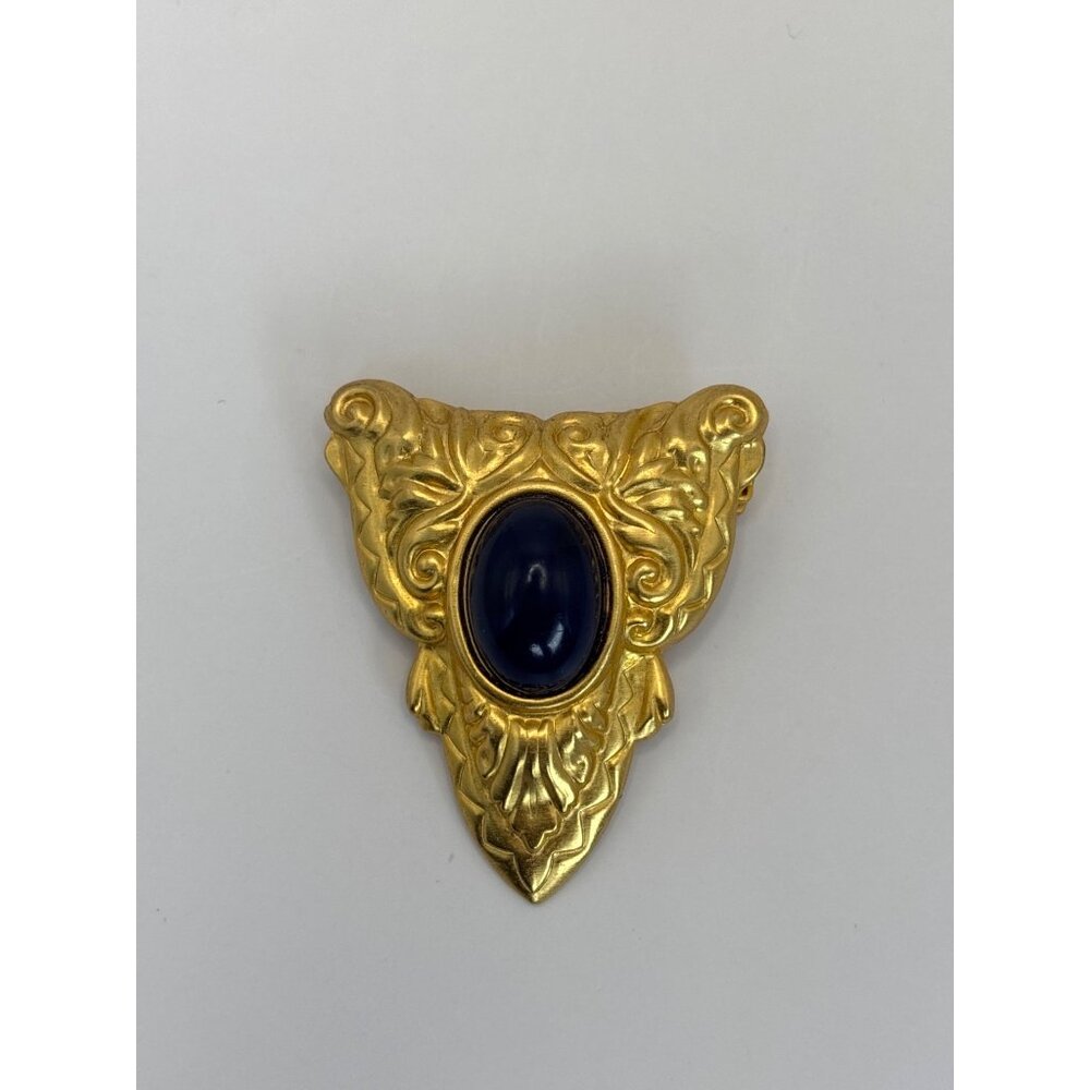 Vintage Brushed Gold Tone Brooch Pin With Blue Cabochon Stone